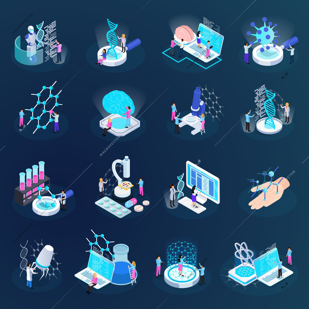 Scientists during nano technology development set of isometric icons isolated on dark gradient background vector illustration