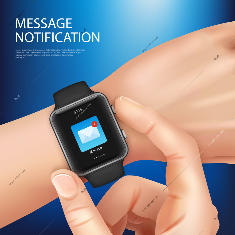 Realistic smart watch new message notification composition with mans hand with a watch vector illustration