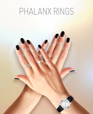 Beautiful female hands with fashionable jewelry silver phalanx rings and watch realistic vector illustration