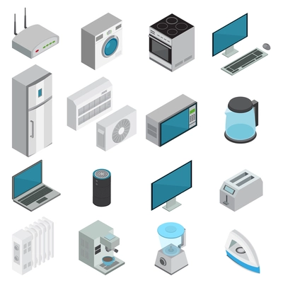 Electronics and home appliances for kitchen and living room isometric set with tv fridge iron cooker computer conditioner kettle isolated on white background 3d vector illustration