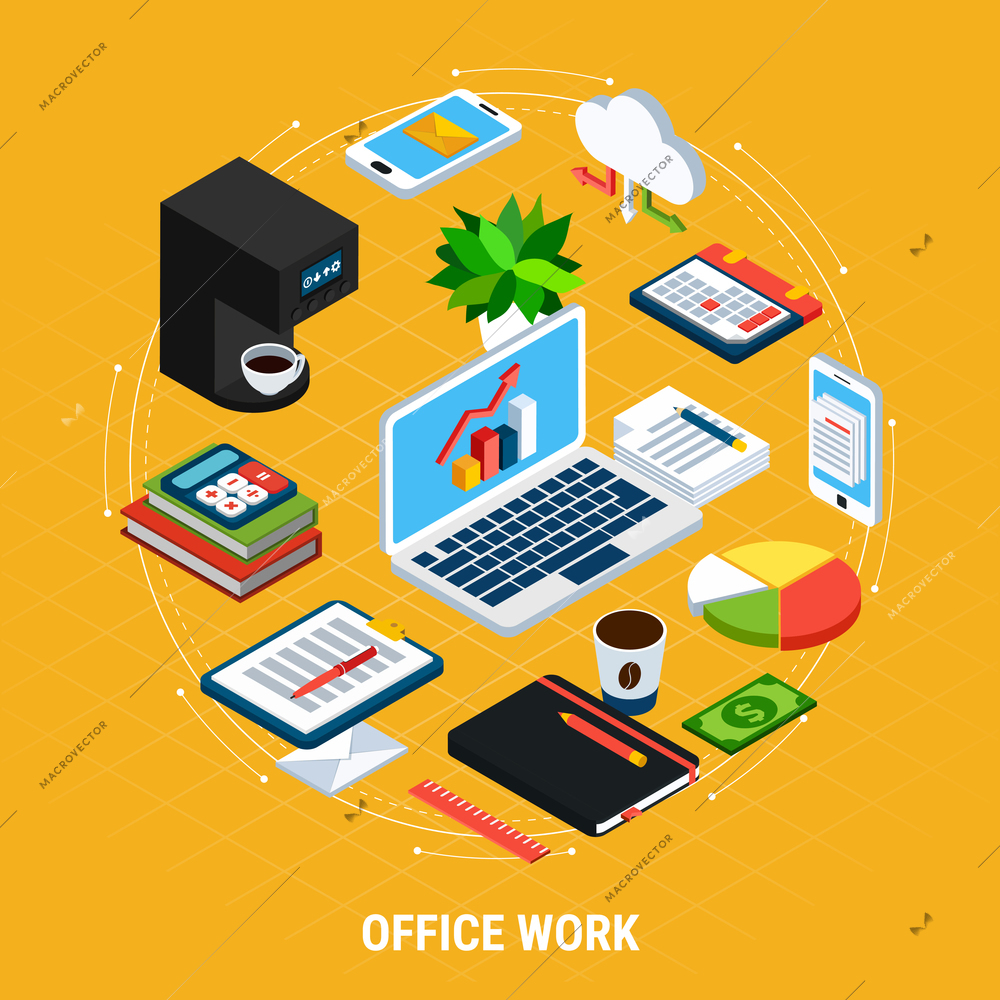 Business people isometric circle composition of isolated images and icons with accounting office machines and equipment vector illustration