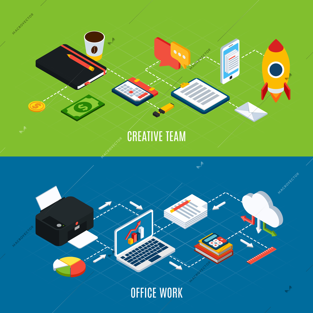 Set of two horizontal business people isometric banners with images of office workspace items and equipment vector illustration