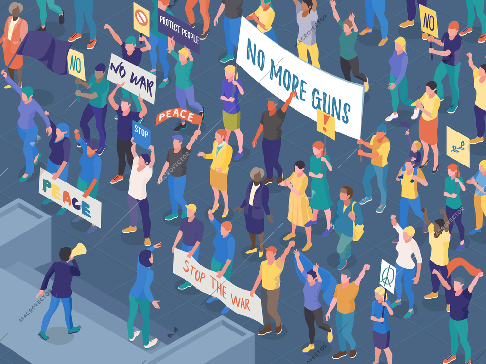 Crowd of protesting people with placards during street action against war isometric horizontal vector illustration