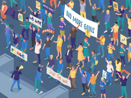 Crowd of protesting people with placards during street action against war isometric horizontal vector illustration