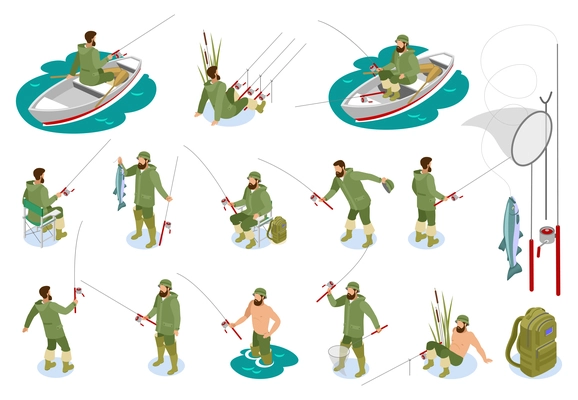 Fishermen during catching fish on spinning rod set of isometric icons with tackle isolated vector illustration