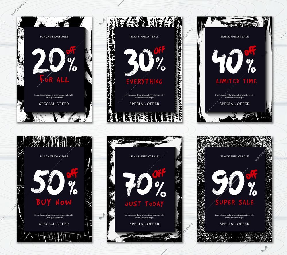 Black friday sale with big discounts vertical promotional banners set flat isolated vector illustration