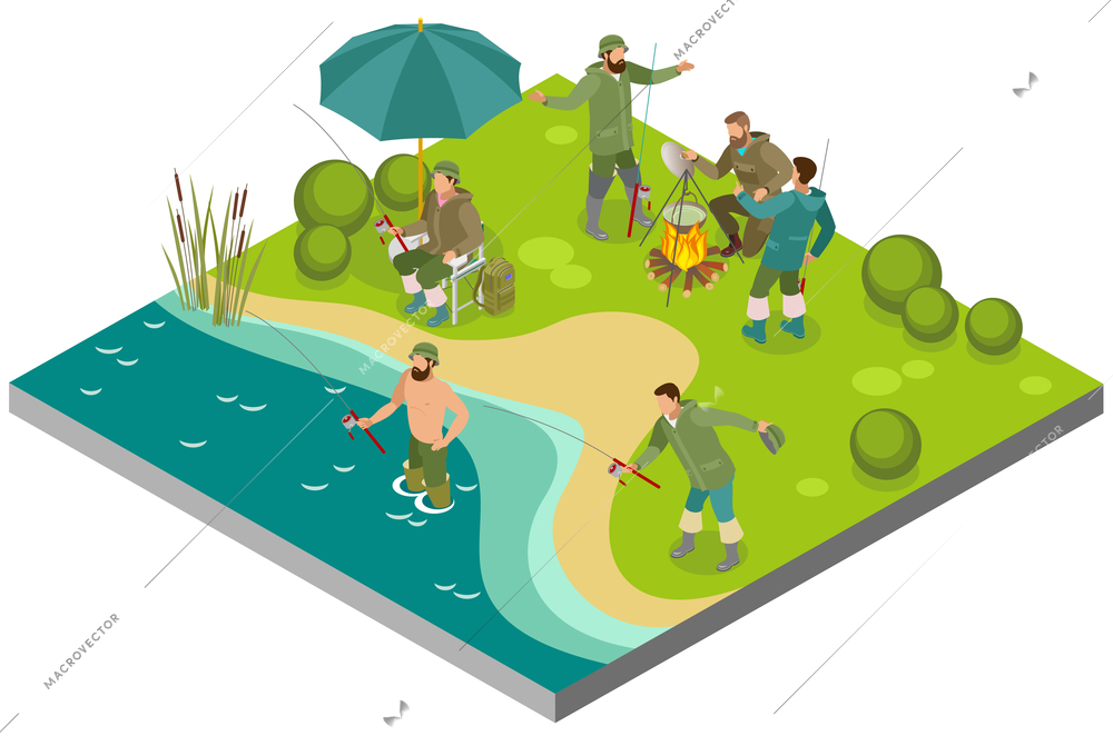 Fishing tourism isometric composition with fishers near bonfire and during catching on bank river vector illustration