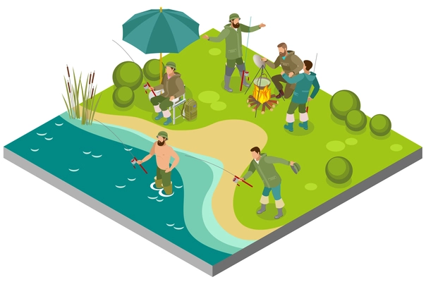 Fishing tourism isometric composition with fishers near bonfire and during catching on bank river vector illustration