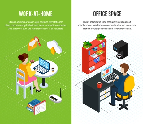 Business people set of two isometric vertical banners with editable text and compositions of office images vector illustration