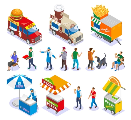 Street food carts and vehicles sellers and customers set of isometric icons isolated vector illustration