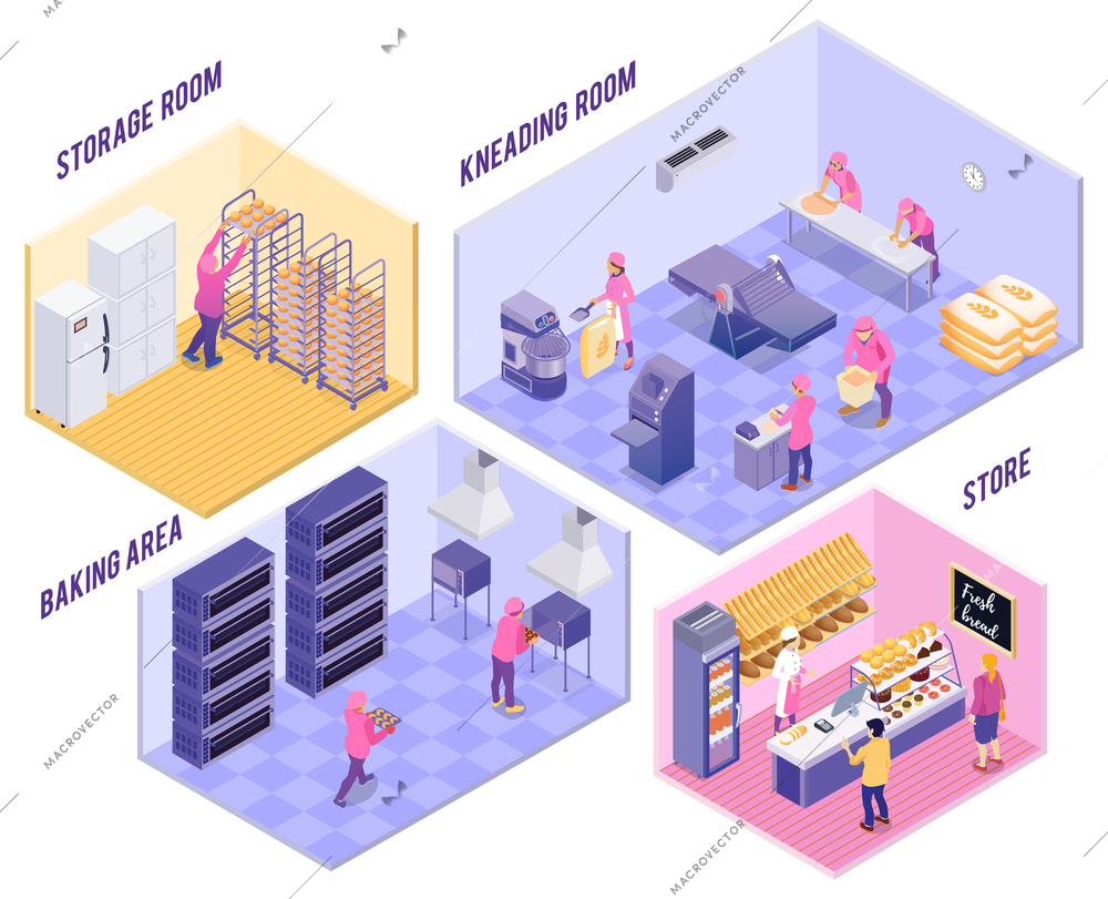 Bakery with kneading room baking area storage and shop with finished products isometric vector illustration