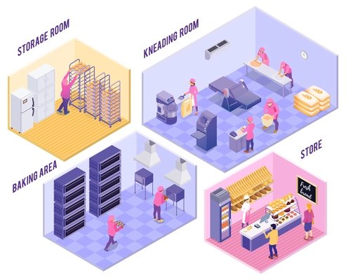 Bakery with kneading room baking area storage and shop with finished products isometric vector illustration