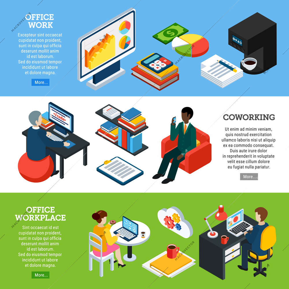 Collection of three horizontal business people isometric banners with images of office appliances and employee characters vector illustration