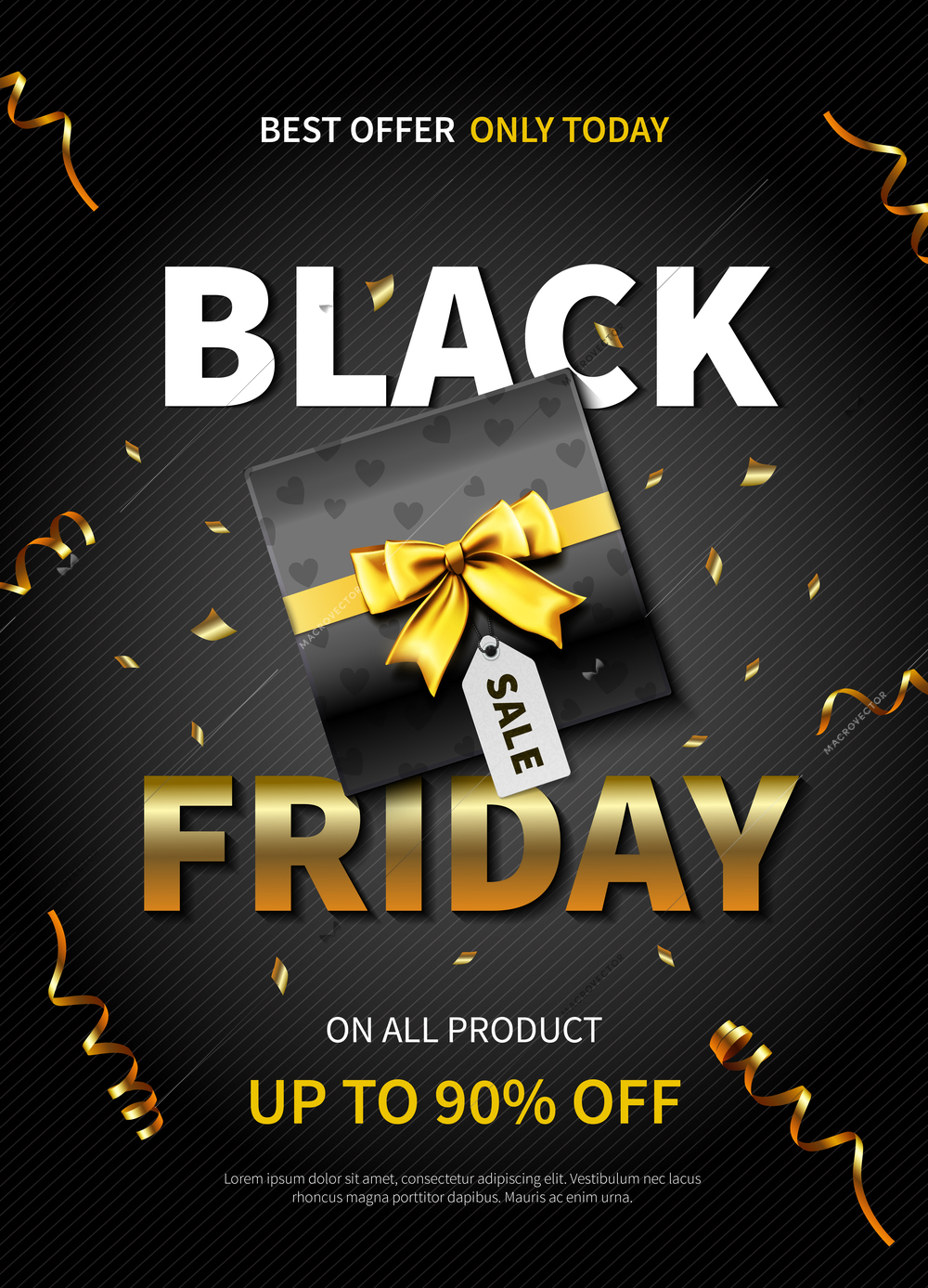 Best offer black friday poster with gift box on dark background realistic vector illustration