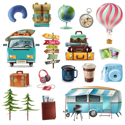 Set of travel objects including transportation, baggage, passport with tickets, photo camera, pointers, drinks isolated vector illustration