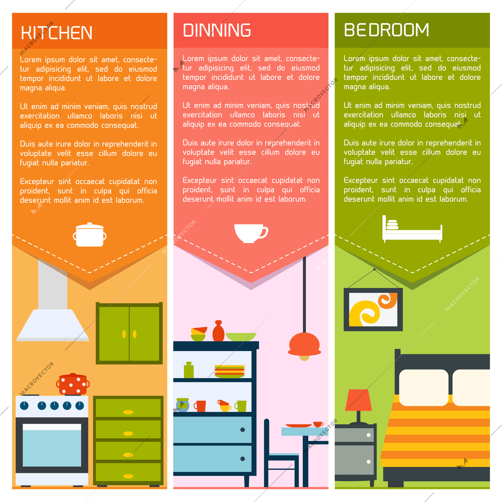 House interiors banners with kitchen dining bedroom isolated vector illustration