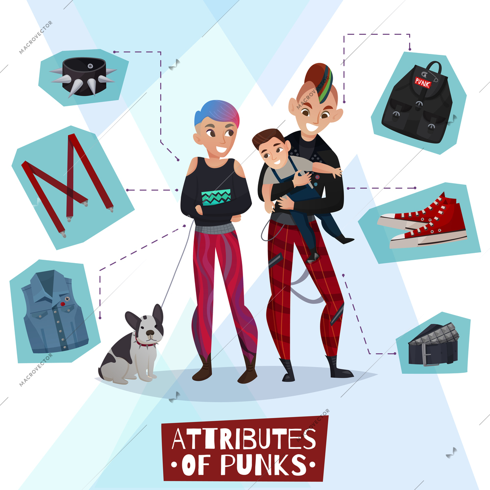 Family couple of punks with child on hands, dog, clothing elements and attributes cartoon vector illustration