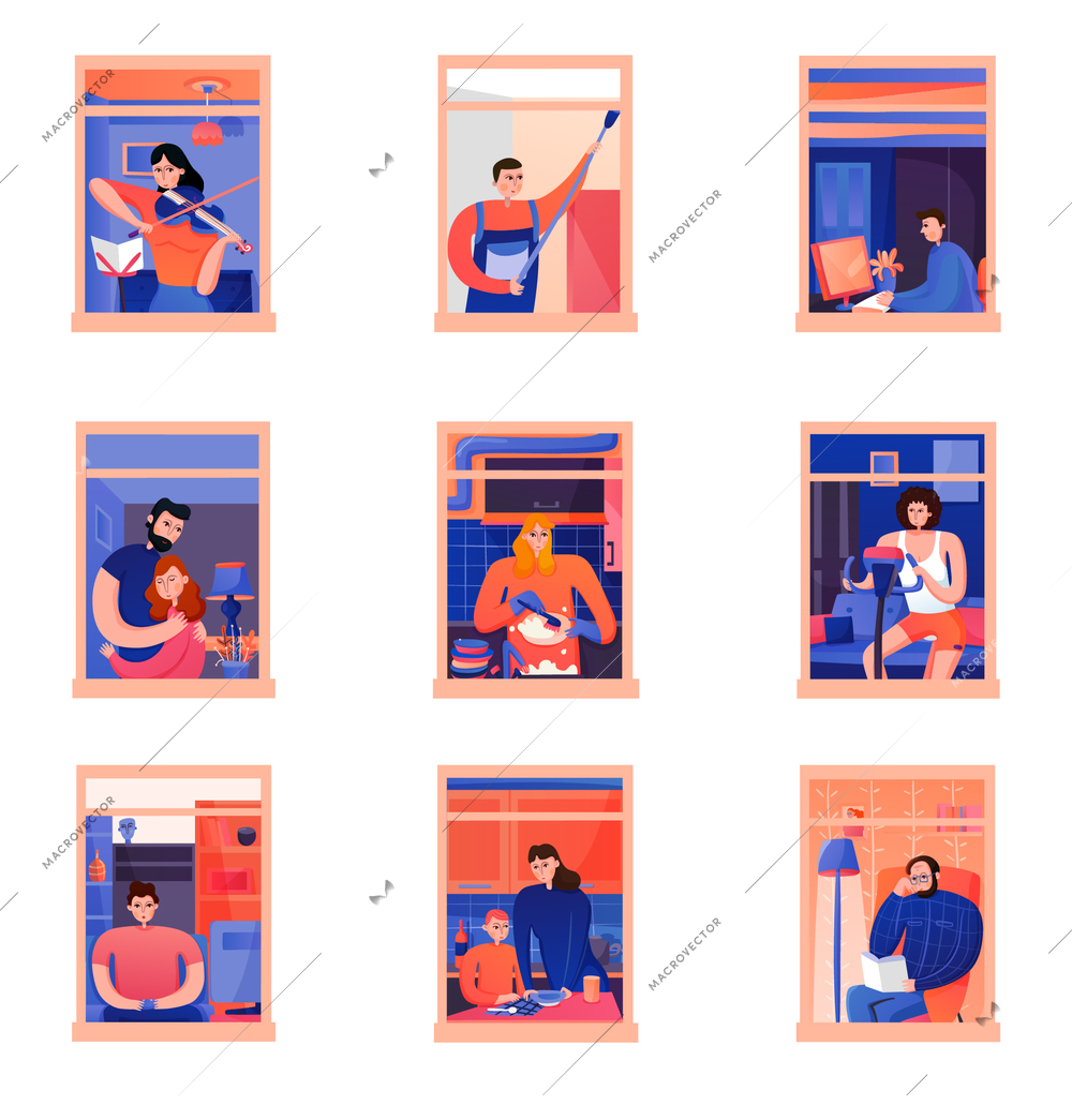 Flat set of icons with neighbors doing different daily activities in windows of their flats isolated on white background vector illustration