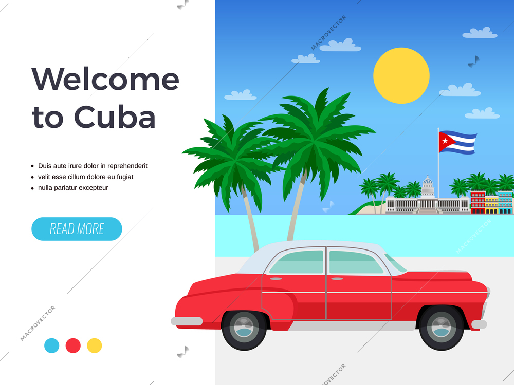 Cuba travel poster with resort and holiday symbols flat vector illustration