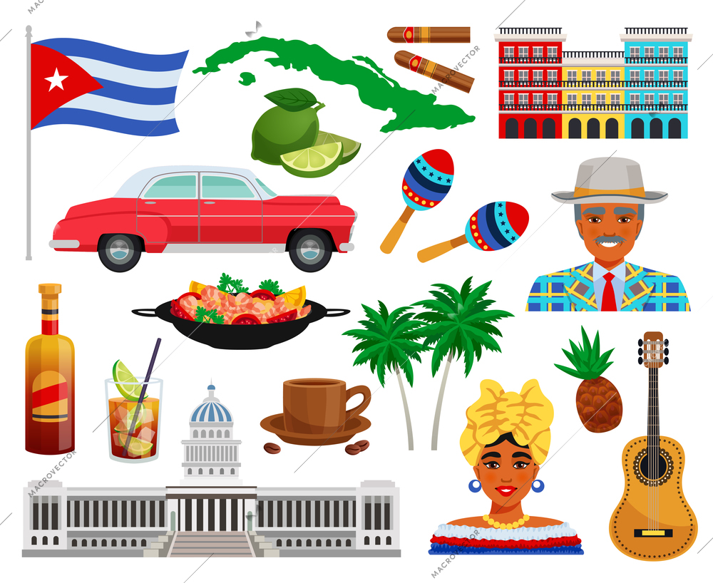 Cuba travel set with sights and landmarks symbols flat isolated vector illustration