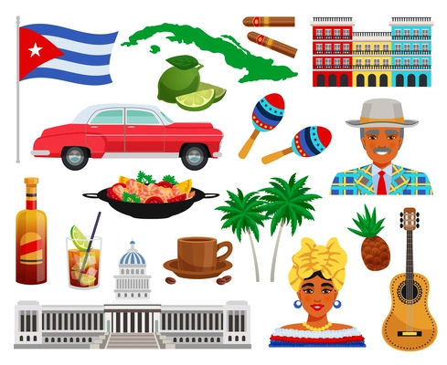 Cuba travel set with sights and landmarks symbols flat isolated vector illustration