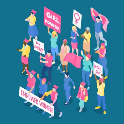 Crowd of protesting women feminists with placards and flags on dark blue background isometric vector illustration