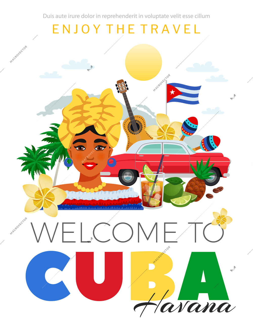 Cubaand Havana travel poster with people and cuisine symbols flat vector illustration