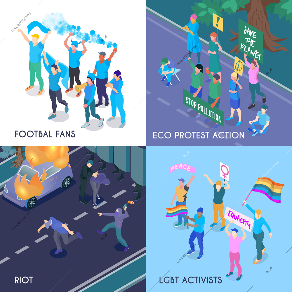 Protesting people isometric design concept with football fans eco meeting riot and lgbt activists isometric vector illustration