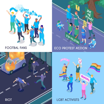 Protesting people isometric design concept with football fans eco meeting riot and lgbt activists isometric vector illustration