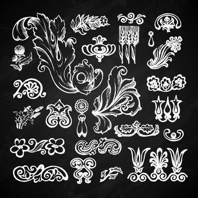 Floral and leaves decorative elements chalkboard set isolated vector illustration