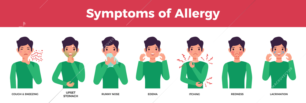 Allergy icons set with allergy symptoms symbols flat isolated vector illustration