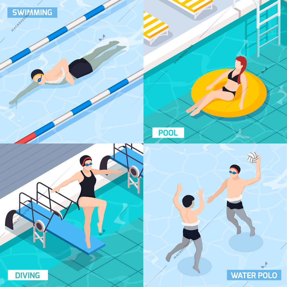Swimming pool isometric concept icons set with diving and polo symbols isolated vector illustration