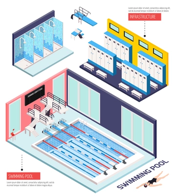 Swimming pool isometric composition with infrastructure symbols isolated vector illustration