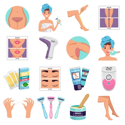 Hair removal icons set with wax and epilator symbols flat isolated vector illustration