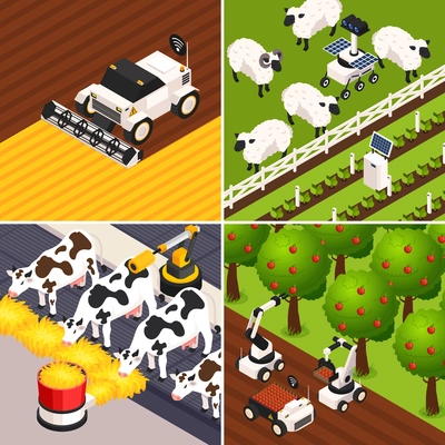 Smart farm concept icons set with farm animals isometric isolated vector illustration