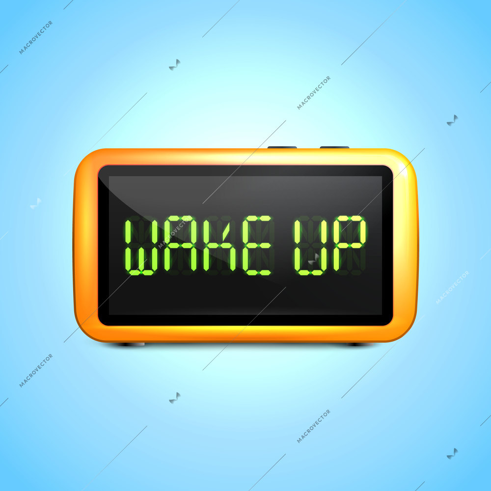 Realistic digital alarm clock with lcd display wake up concept text vector illustration