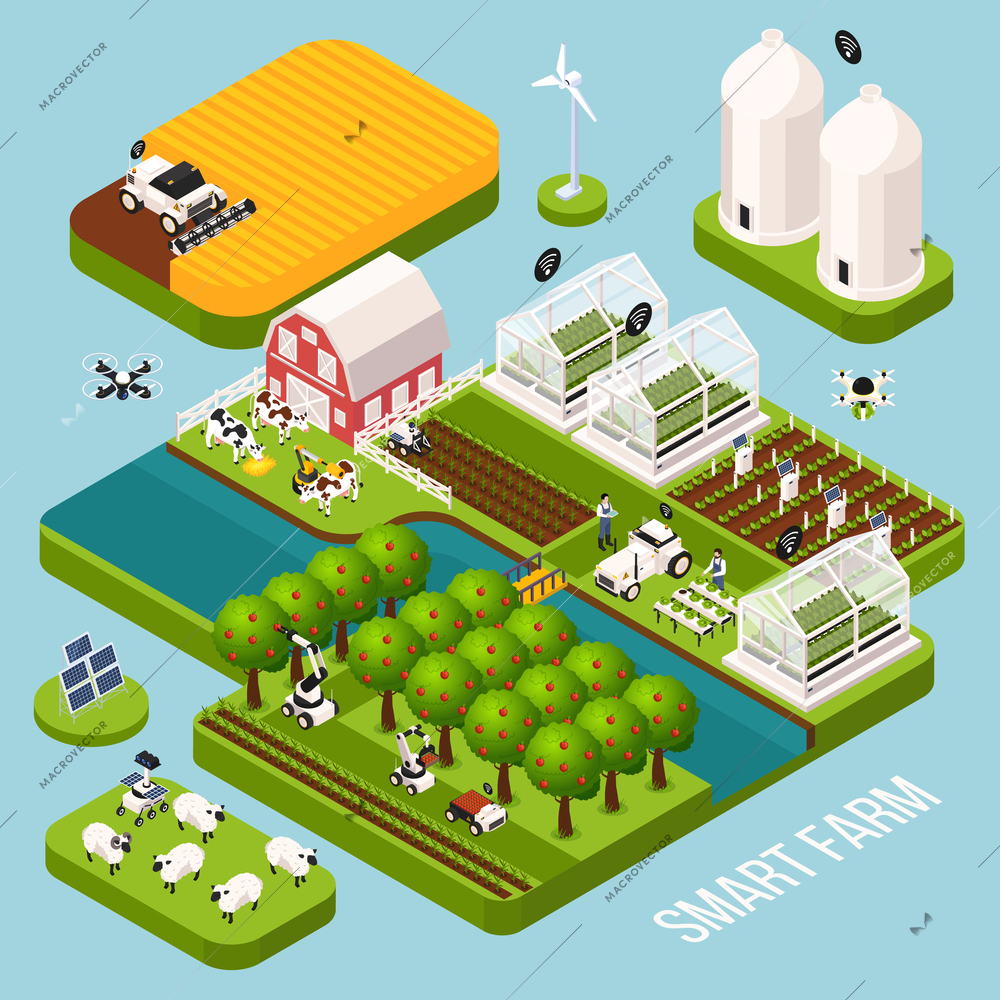 Smart farm isometric set with agriculture symbols isometric isolated vector illustration