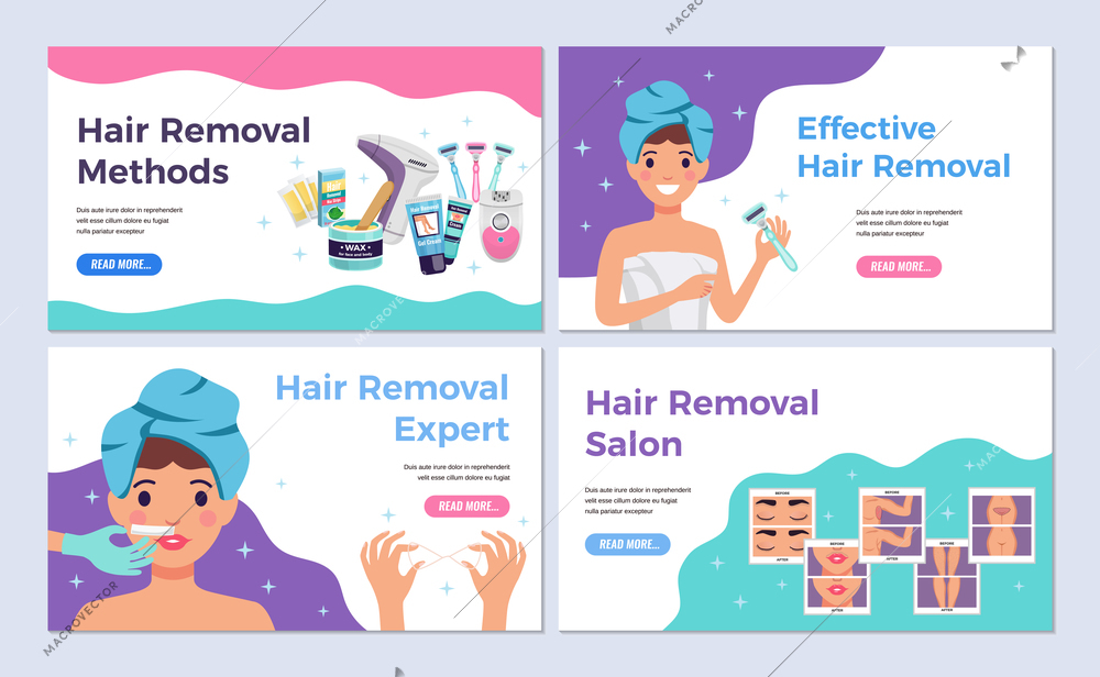 Depilation horizontal banners set with hair removal methods symbols flat isolated vector illustration