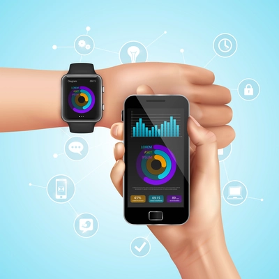 Realistic smart watch and mobile technology composition with synchronization from smartphone to watch vector illustration