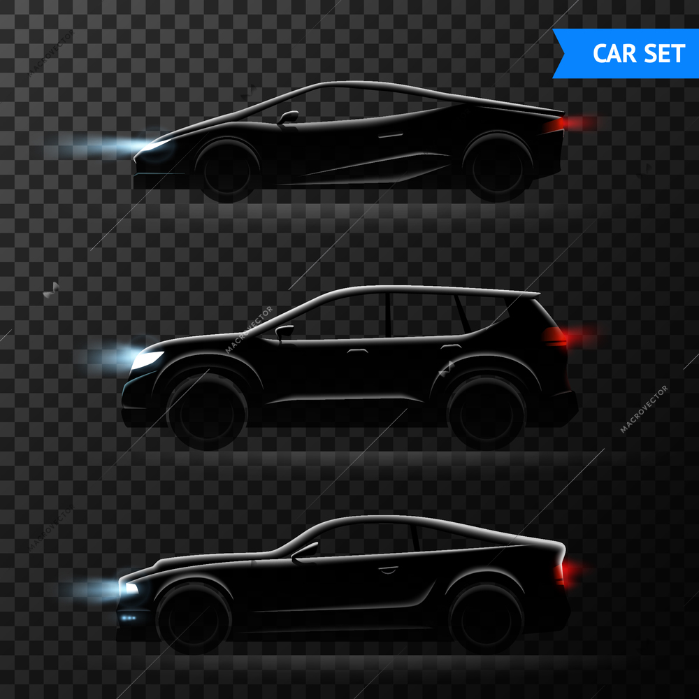 Three realistic car dark transparent icon set with different stylish models of cars vector illustration