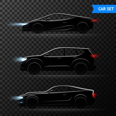 Three realistic car dark transparent icon set with different stylish models of cars vector illustration