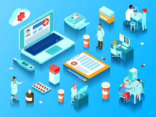 Online medicine elements doctors with computers and laboratory equipment pills and electronic devices  horizontal isometric vector illustration