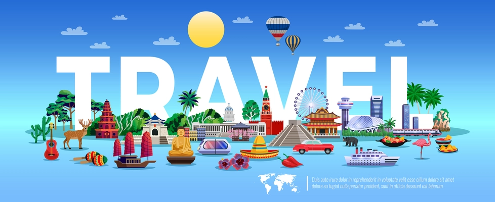 Travel and tourism poster with resort and sightseeing symbols flat vector illustration