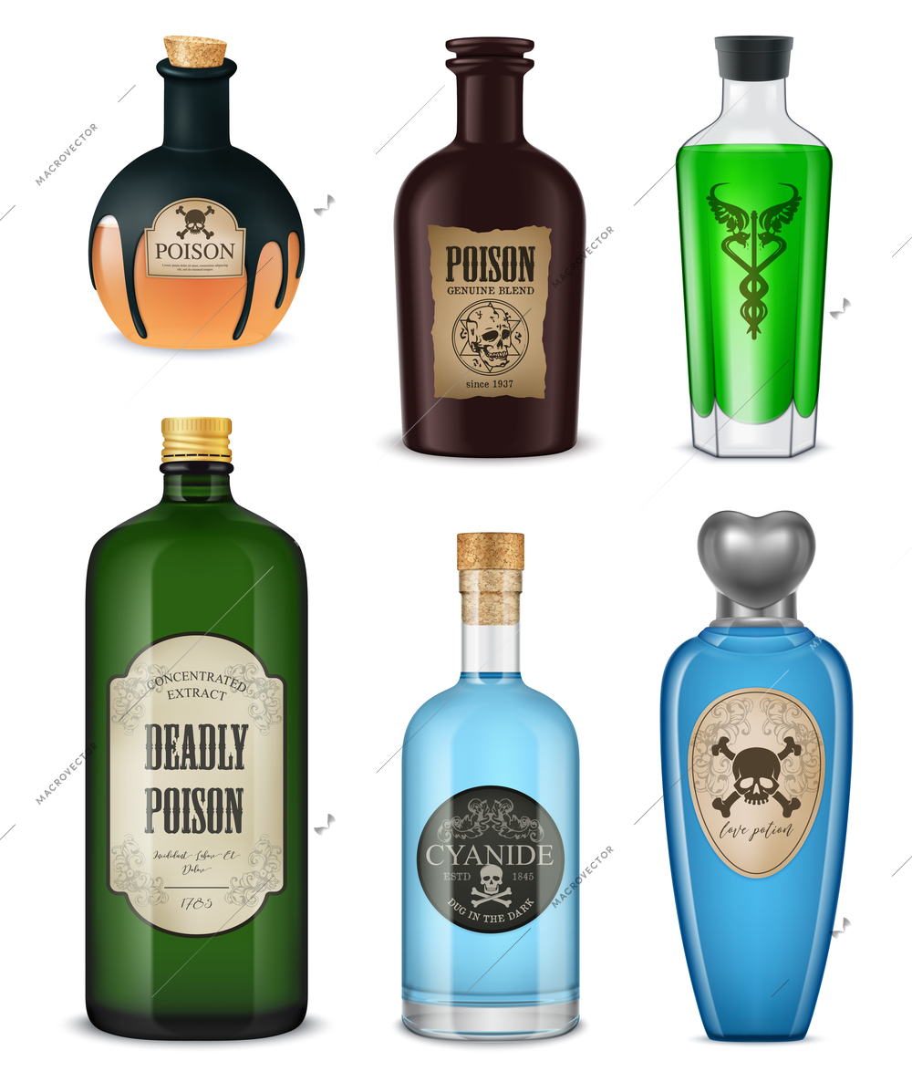 Colored and isolated realistic poison icon set different shapes colors and styles vector illustration