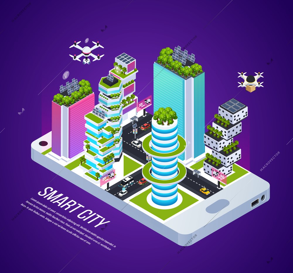 Smart city isometric composition with city technology and energy symbols isometric vector illustration