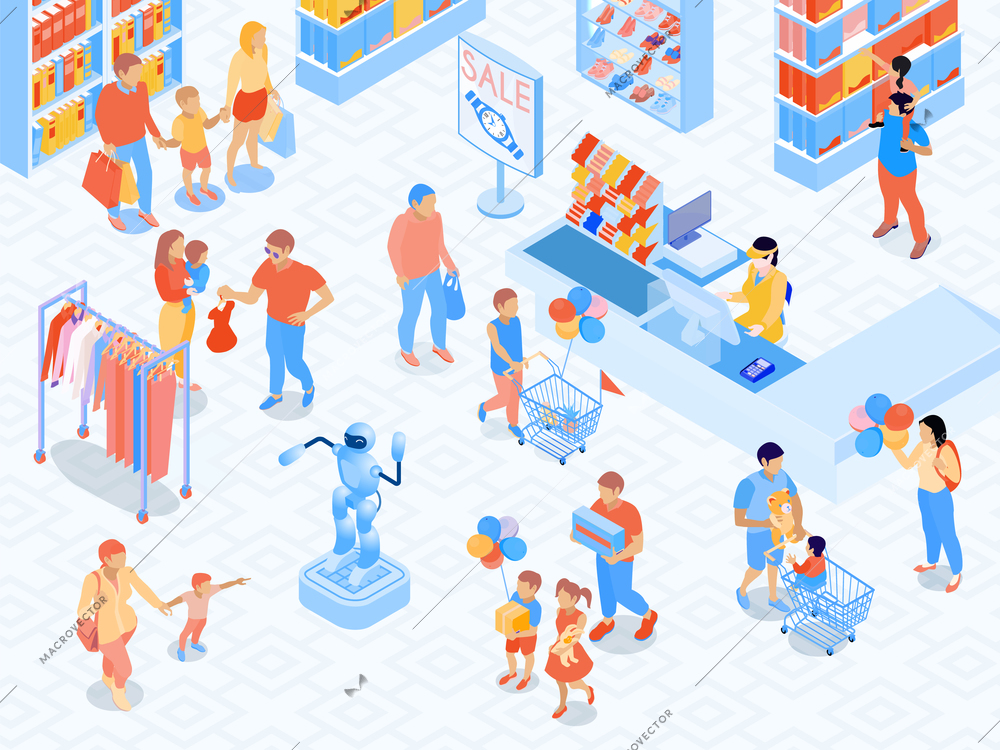 Family shopping scene near cash desk of mall parents and kids during goods choice isometric vector illustration