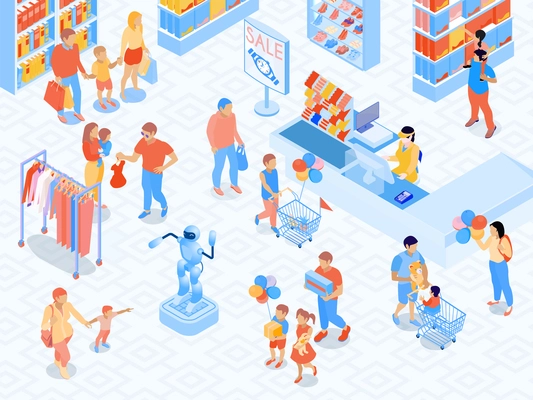 Family shopping scene near cash desk of mall parents and kids during goods choice isometric vector illustration