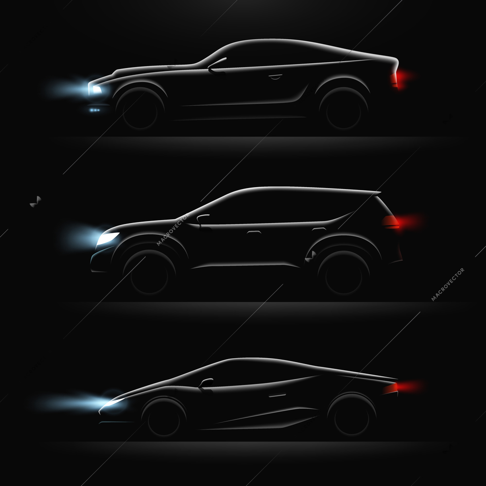 Three realistic car profile dark icon set black cars with lighted headlights vector illustration