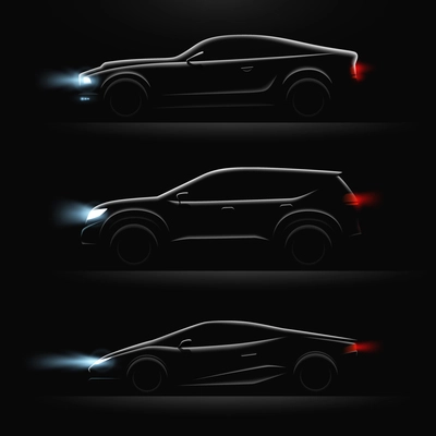 Three realistic car profile dark icon set black cars with lighted headlights vector illustration