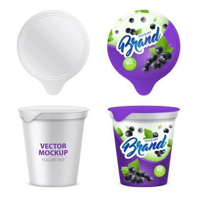 Realistic yogurt package icon set with 3D mockup template top front view vector illustration